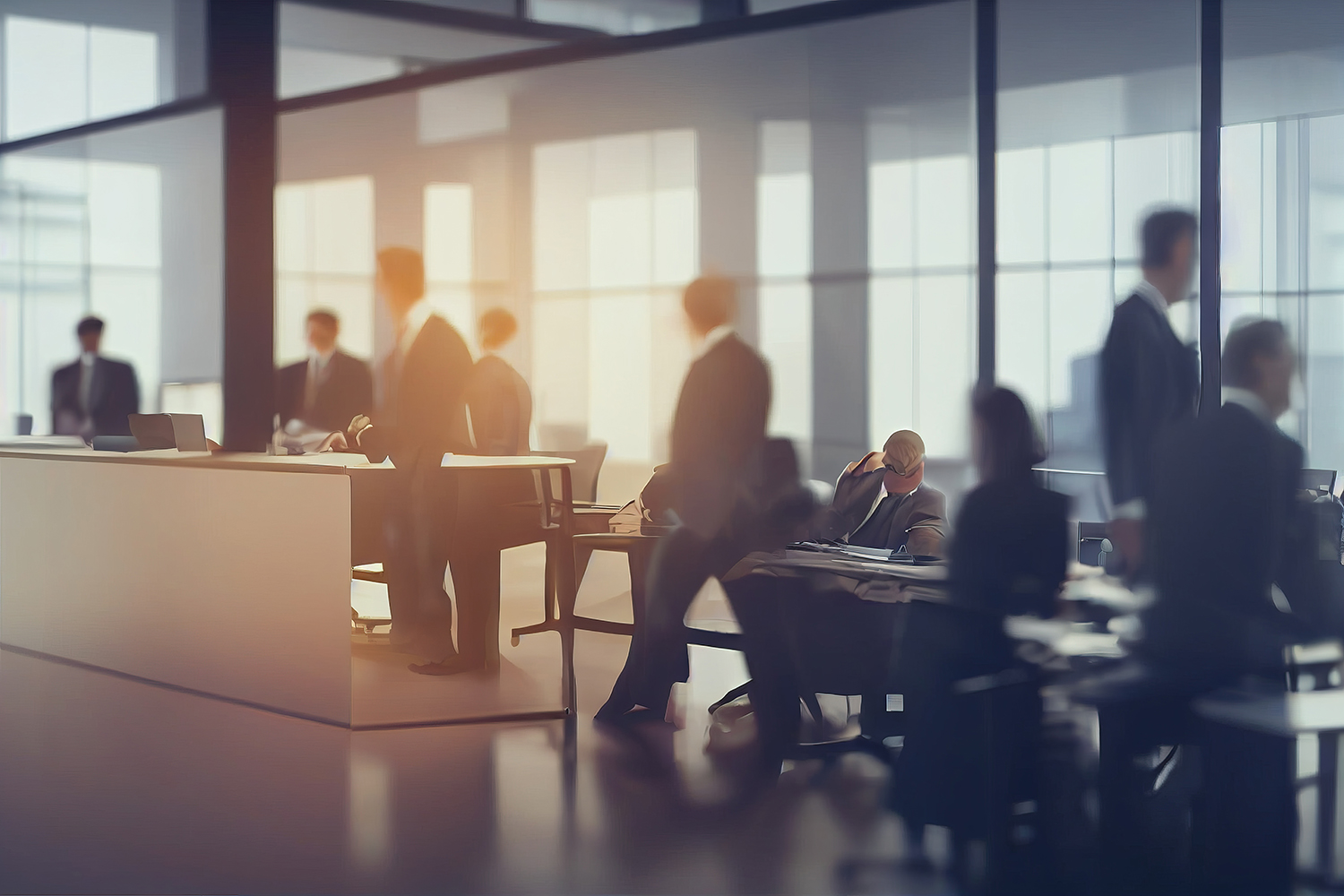 Blurred soft of people meeting at table. business people talking in modern office. Generative AI